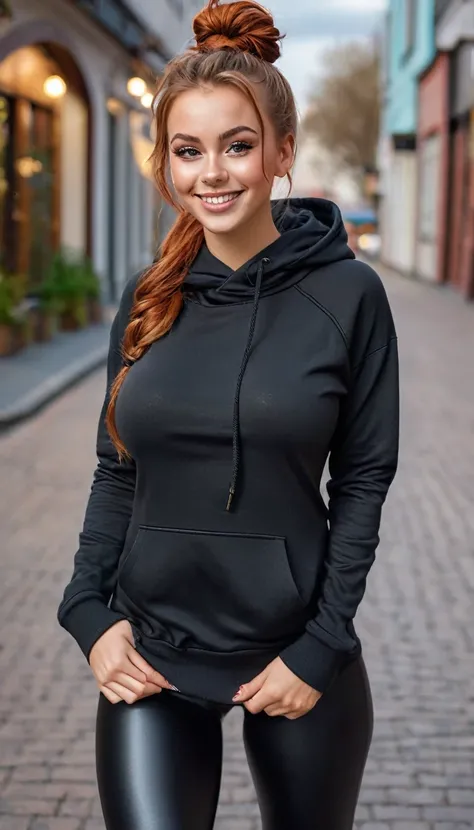 ultrarealistic high quality full body photo of 2 beautiful busty slim european 25-year-old women with cute hyperdetailed shy face and natural redhead messy bun hair and shy smile , realistic round hazel eyes, natural lips, dark eye makeup with eyeliner, we...