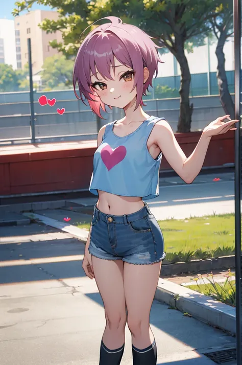 masterpiece, best quality, highres, ny1,,looking viewer,,spoken heart,6yo,(petite), ,crop top,denim shorts,socks,, outdoors