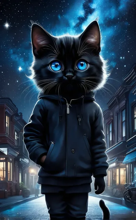 realistic illustration,boy with a black cat blue eyes from the front, in the background stars in the sky and a modern city