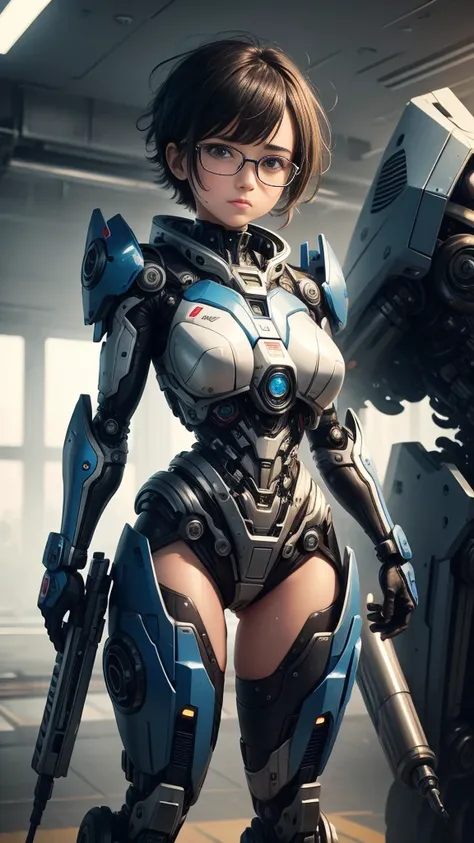 highest quality　8k full body robot mecha suit girl　glasses　cute　elementary school girl　sweaty face　hot and tired look　short hair...