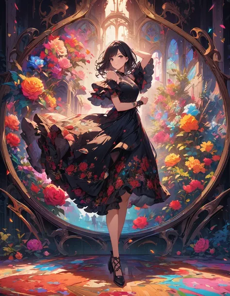 full body of anime girl character dancing and martial poses on a red and black floral bed with a flamenco dress with an essentially detailed embroidery patterned fabric with roses in the background, in the style of cute and cool, anime aesthetic, dark hair...