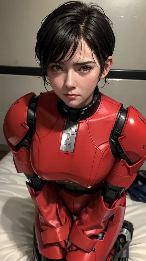 highest quality　8k red robot　middle-aged women　sweaty face　cute　short hair　boyish　very short hair　steam coming out of my head　my...