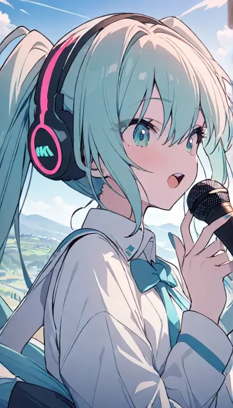 gorgeous, masterpiece, best quality, landscape, highres,4k, wallpaper, Masterpiece, Best Quality, High Quality, anime, hatsune miku, , singing, mic