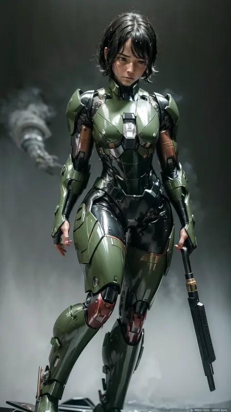 highest quality　8k dark green iron man suit girl　middle-aged women　sweaty face　cute　short hair　boyish　steam coming out of my hea...