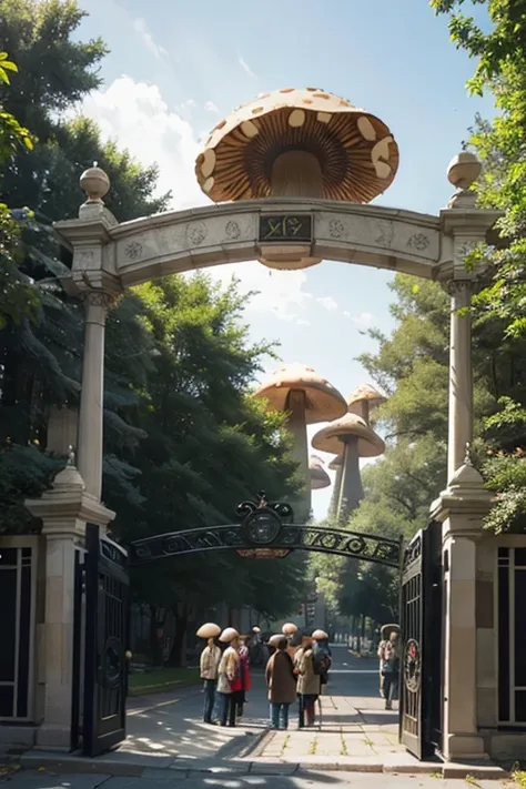 Giant mushroom, gate to 4 dimensions, people in line to cross the gate