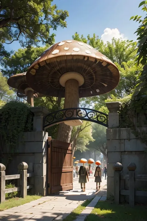 Giant mushroom, gate to 4 dimensions, people in line to cross the gate