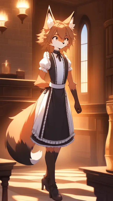 Best quality, Super detailed illustration, warm colors, perfect lighting, perfect detail, ( boy Fluffy fox:1.4) , feminine face and body, disheveled thick hair, maid clothes, confused look, femboy, small waist, wide hips, slim, perfect body, DND style