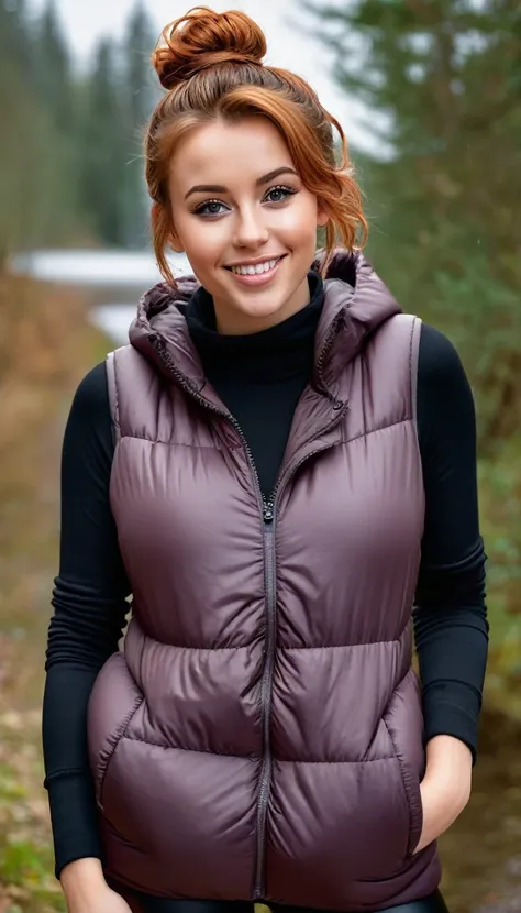 ultrarealistic high quality full body photo of a beautiful busty slim european 25-year-old woman with cute hyperdetailed shy face and natural redhead messy bun hair and shy smile , realistic round hazel eyes, natural lips, dark eye makeup with eyeliner, we...