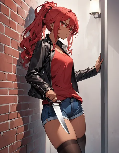 BREAK Perfect Anatomy、Highest quality、(cute:1.1)、(cute)、(High resolution:1.2)、Unbelievably absurd:1.3、Incredible illustrations、(cuteイラスト:1.2)、（Beautiful background、Late Night、Red brick wall）、1gial(Red hair、strong wavy hair、ponytail,height 1.4meters, slende...