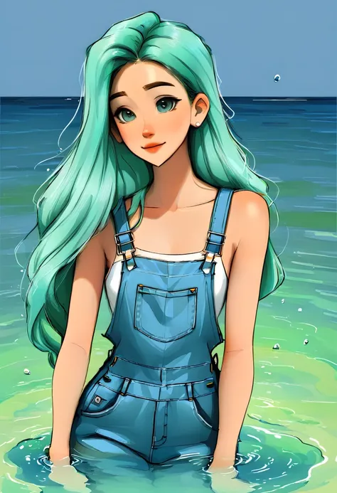 Full-length portrait of a woman in denim overalls, long hair, Water green hair, blue colored eyes, White background, webtoon style