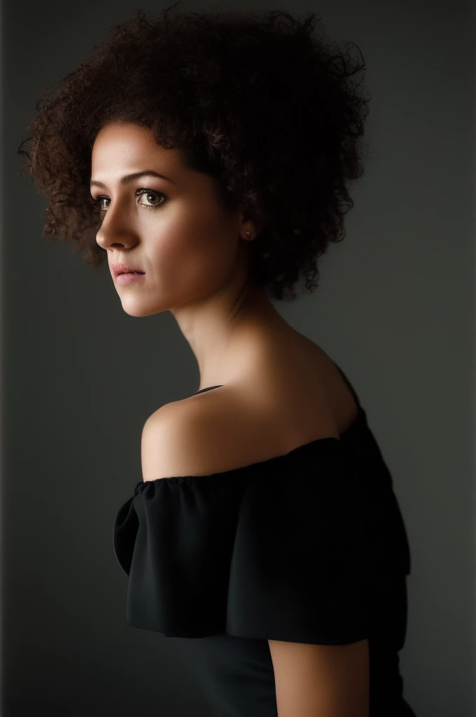 masterpiece portrait of a young woman MelikaForoutan01, profile pose,
sexy pudica pose gesture, looking at viewer chiaroscuro portrait,
matte painting portrait,
dark portrait,
standing in the middle of a black background,
elegant body structure, Two tone l...