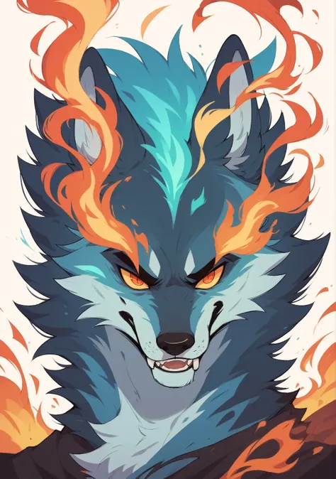 create a detailed image of a wolf with blue fur. the wolf should be surrounded by flames that are also blue, as if its body is i...