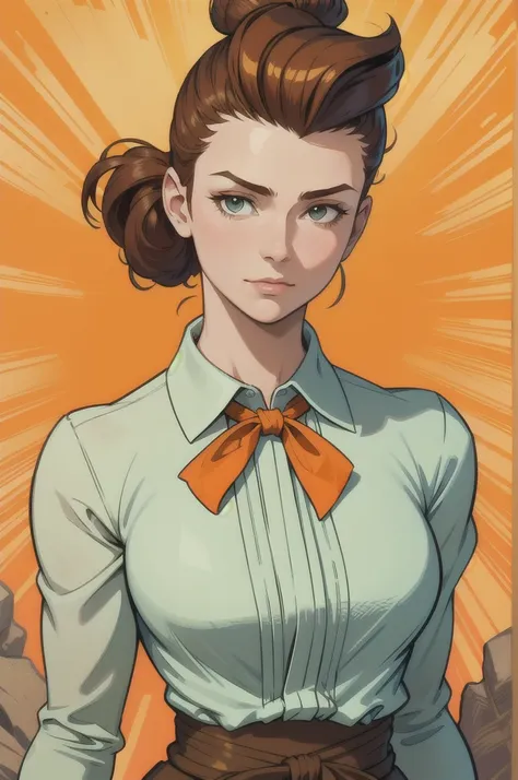 ​masterpiece,best quality,upper body,1 girl,collared_Shirt and flared_Rock als Material2,orange theme,Alphonse Muchas,Head out of frame,Pompadour hairstyle,small breasts,to roll one&#39;s eyes,;),between the thighs Negative prompt: SimplyNegative, very bad...