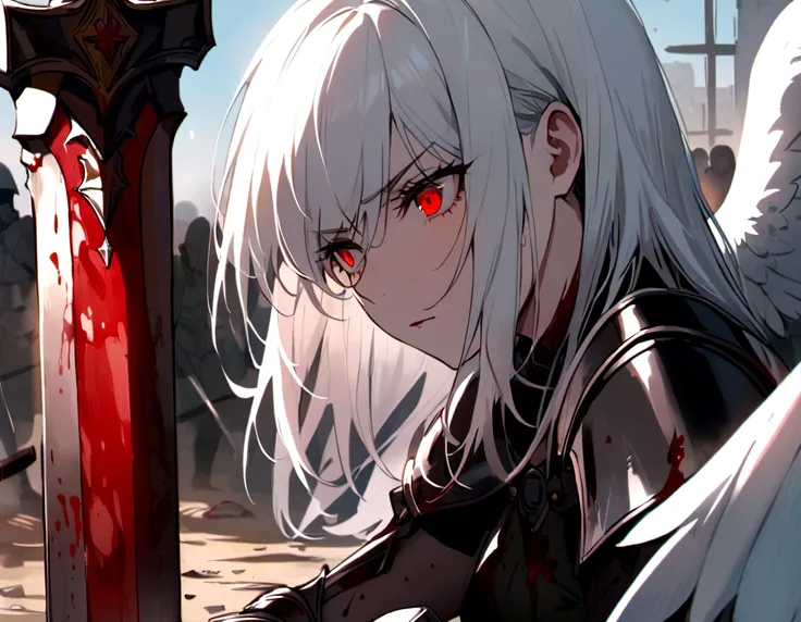 make me a female, white short hair, red eyes, angel wings, bloody sword, shes covered in blood, armor, battlefield behind her