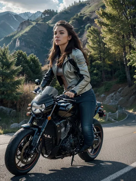 a woman riding a racing motorcycle, profile view, detailed background of a winding road, beautiful detailed eyes, beautiful detailed lips, extremely detailed face, long eyelashes, dynamic pose, leather jacket, wind blowing hair, high speed motion blur(best...