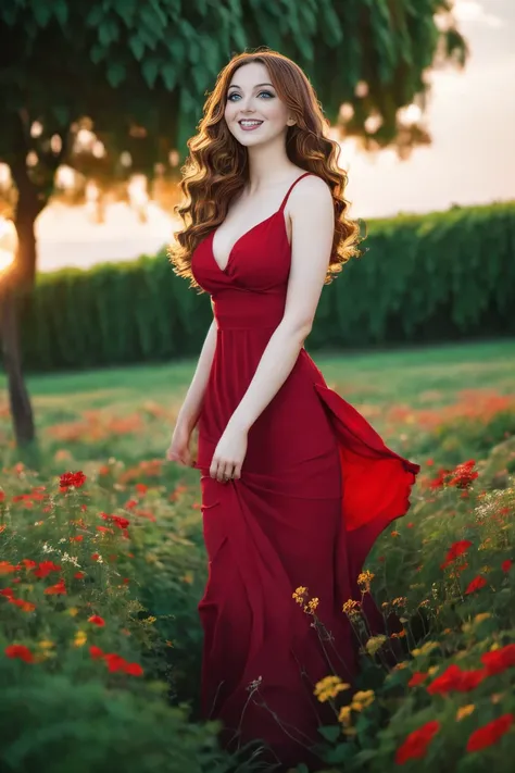 renaissance painting of 1 woman in a field of green plants and flowers, red dress, sunset, warm lighting