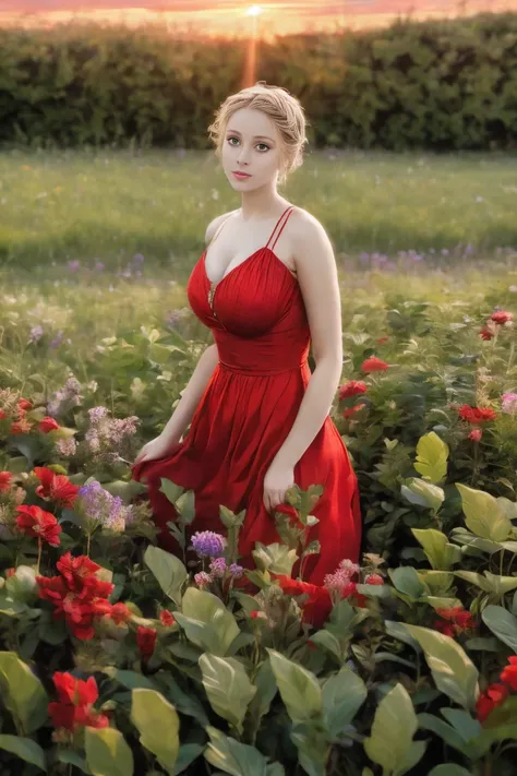 renaissance painting of 1 woman in a field of green plants and flowers, red dress, sunset, warm lighting