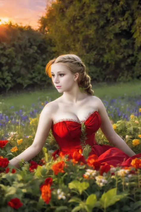 renaissance painting of 1 woman in a field of green plants and flowers, red dress, sunset, warm lighting