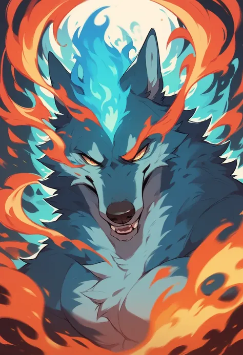 create a detailed image of a wolf with blue fur. the wolf must be enveloped in flames that are also blue, as if your body was im...