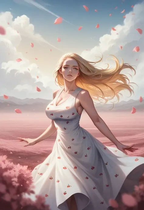 sexy woman, huge breasts, long hair, neckline, blonde hair, print dress, furizode, wind, dusk, outdoors, spring, falling petals, cherry, realism, hyperrealism, atmospheric haze, film grain, cinematic frame, shallow depth of field , high detail, high budget...