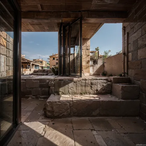 anciant rome forum building build in the rocks on the mountain with modern architecture details, dark gray colors of buildings modern details
