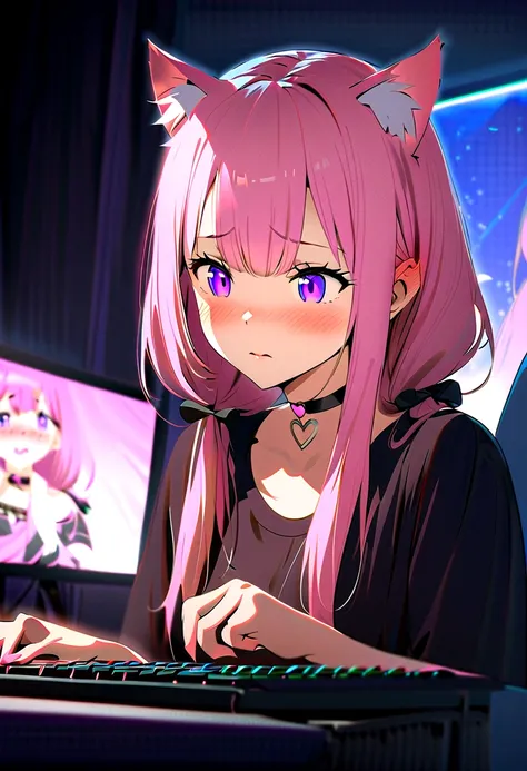 straightened hair, Pink twin-tailed hair, longeyelashes, Purple eyes, Cat Pupils, Heart-shaped choker, full body Esbian, gazing at computer, Shy, blush, tusk, ear blush, nose blush, Anime style, Color Field Painting, Ray tracing, bloom, behind viewpoint, a...