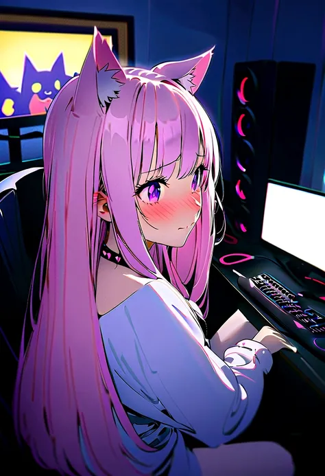 straightened hair, Pink twin-tailed hair, longeyelashes, Purple eyes, Cat Pupils, Heart-shaped choker, full body Esbian, gazing at computer, Shy, blush, tusk, ear blush, nose blush, Anime style, Color Field Painting, Ray tracing, bloom, behind viewpoint, a...