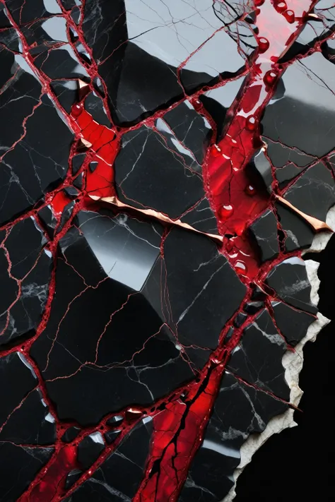 a beautiful abstract image of fractured black marble with red ruby shards embedded in between the cracks, highly detailed, intricate design, marble material, BY Anne Bachelier,