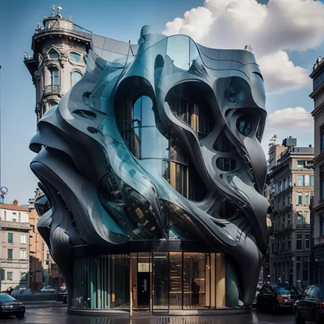 anciant rome forum building build in the rocks on the mountain with modern architecture details, dark gray colors of buildings m...