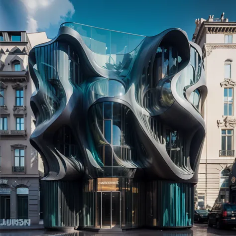 anciant rome forum building build in the rocks on the mountain with modern architecture details, dark gray colors of buildings m...