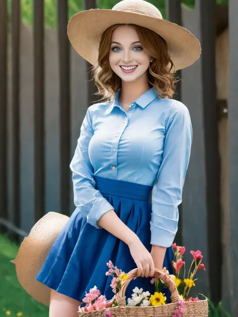 a girl in a dress holding a basket of flowers, blue skirt, white shirt, straw hat, long sleeves, brown high heels, short blonde ...