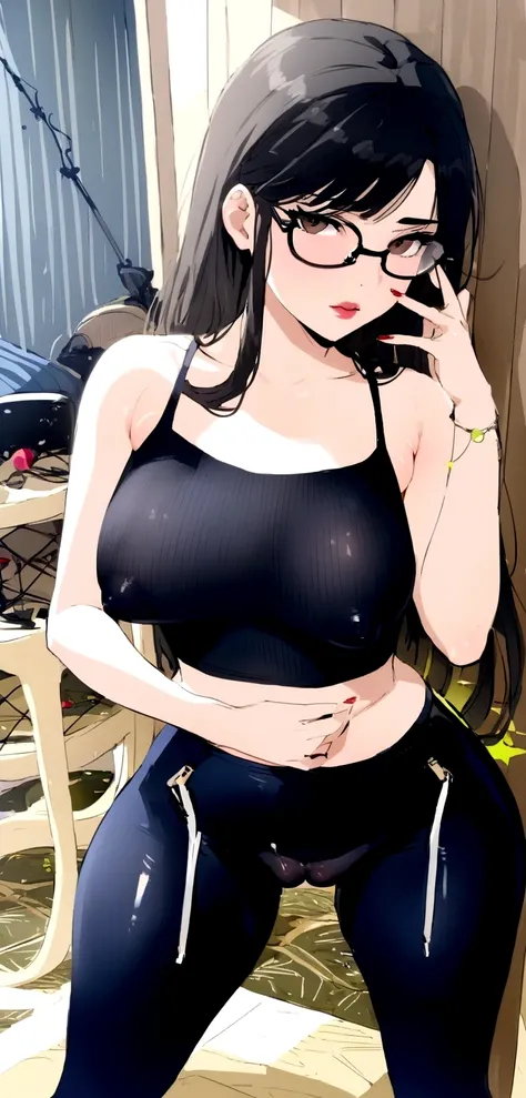 ((nsfw)) "A young adult Latina woman with long black hair styled in curtain bangs, very beautiful, with medium-sized, pointed breasts, thin legs, a small butt, slightly full lips, and large brown eyes. She also has aviator-style glasses.