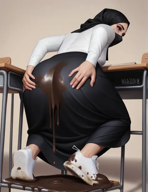 Realistic graphics, realistic face features, 1girl, 10 year old, cute face, pretty face, cute eyes, black hijab, long black skirt, tight long sleeve white shirt, white sneakers, crying, (((both hands on ass))), very sweaty, in dirty classroom, near the des...