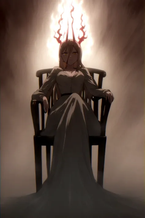 (work of art),anime girl, sitting on a chair, with an aura of superiority and bloodthirsty looks