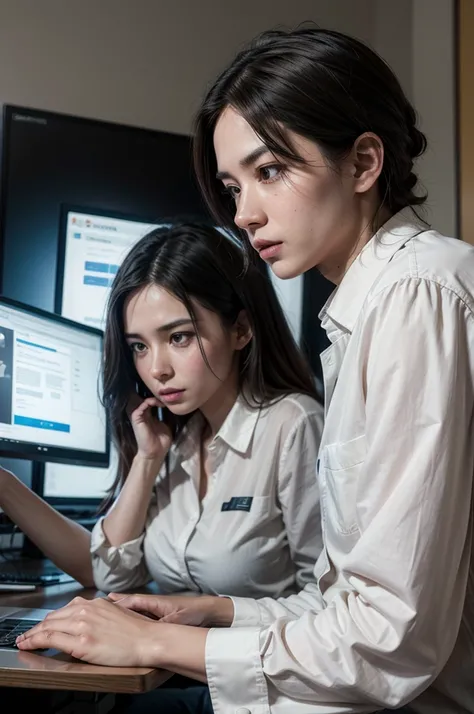 Create two professionals a man and a woman, working on a project! In front of a computer screen, they are talking about productivity!