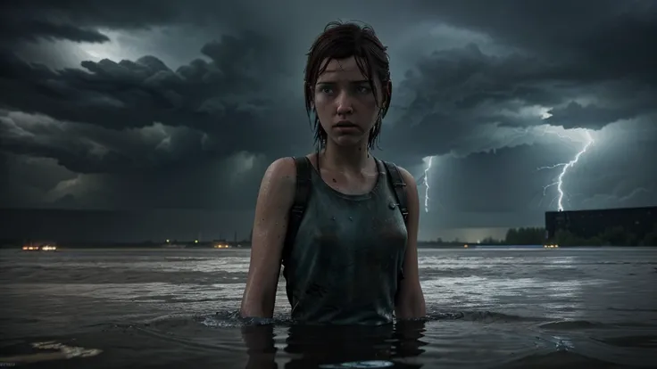 (Ellie the last of us 2), a half-length masterpiece, an 18 year old dark brown American girl with freckles running in the water, blue colored eyes, slim and slim body, very tiny breasts, pale skin, body soaking wet, very highly detailed face, freckles on t...