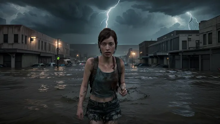 (Ellie the last of us 2), a half-length masterpiece, an 18 year old dark brown American girl with freckles running in the water, blue colored eyes, slim and slim body, very tiny breasts, pale skin, body soaking wet, very highly detailed face, freckles on t...