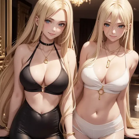 1 girl only, smile, gold necklace with circle pendant ((long blonde hair, between dates.)), Halterneck spaghetti low-cut diamond mesh top, ((cleavage is visible.)), medium breasts, defined thick thighs, leggings black, low waist, seductive look, sarcastic,...