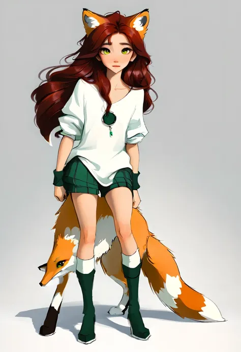 Full-length portrait of a humanoid fox, long hair, dark red hair color, olhos na cor verde, White background, webtoon style