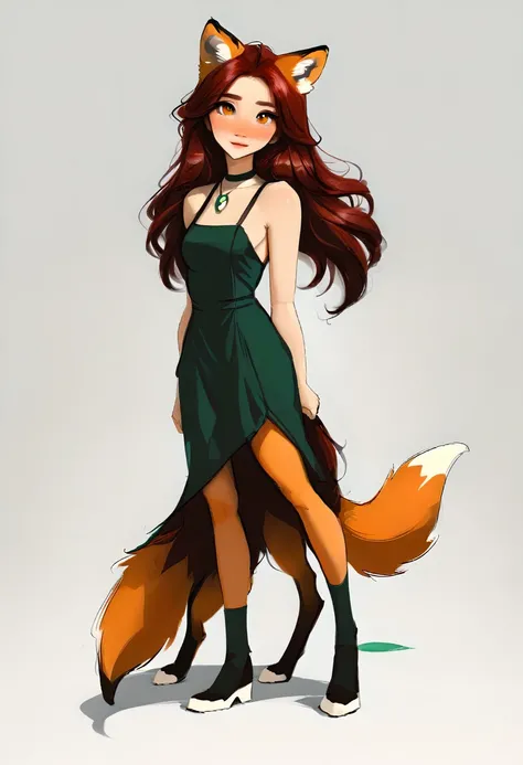 Full-length portrait of a humanoid fox, long hair, dark red hair color, olhos na cor verde, White background, webtoon style