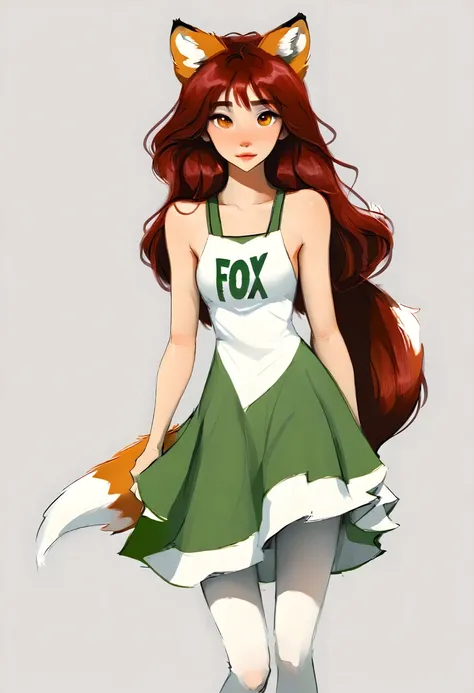 Full-length portrait of a humanoid fox, long hair, dark red hair color, olhos na cor verde, White background, webtoon style