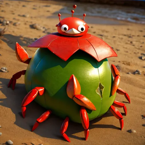 A dancing crab wearing a pickle costume