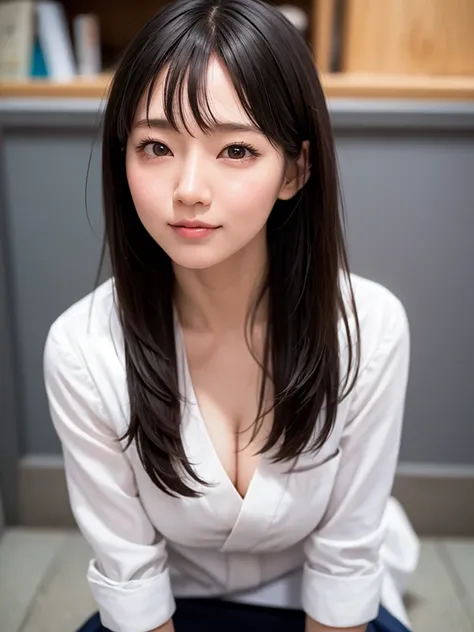 (Highest quality), (masterpiece), highly detailed, A naked Riho is resting the head of her protruding thick penis on her tongue, Oral sex,  body, Eyes that are evenly shaped, Big eyes, Droopy eyes, A dreamy look, Her face is covered in semen, she does shy ...