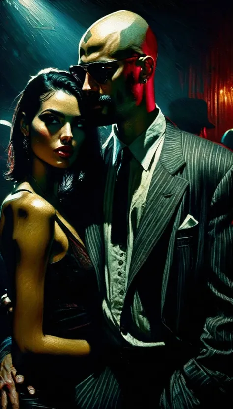 a young thin bald man with a black beard, mafia style,a sexy girl leans on his shoulder, in a club, oil painting, highly detailed, cinematic lighting, dramatic chiaroscuro, gritty and grungy atmosphere, rich colors, moody, Bill Sienkiewicz inspired art, ph...