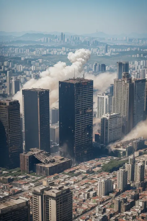 An aerial view of the city of São Paulo, Brazil, during the day, with various destroyed buildings and fires. There is a lot of smoke in the air. Near a destroyed building with a torn Brazilian flag fluttering, a human figure is seen from the back, floating...