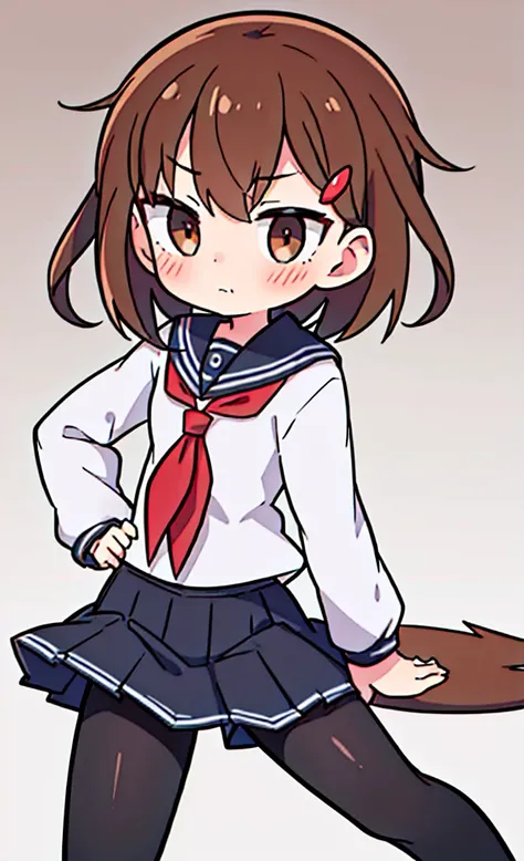 masterpiece,Highest quality,1 Girl,alone,Pokémon-like art style,(bold:1.6),(flat:1.5), BROWN_HAIR,SHORT_HAIR,HAIRCLIP,HAIR_ORNAMENT,BROWN_EYES,SERAFUKU,SCHOOL_UNIFORM,RED_NECKERCHIEF,白い線の入った黒いプリーツスカート,LONG_SLEEVES,BLACK_PANTYHOSE,