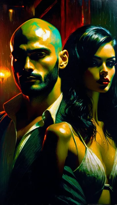 a young thin bald man with a black beard, mafia style,a sexy girl leans on his shoulder, in a club, oil painting, highly detailed, cinematic lighting, dramatic chiaroscuro, gritty and grungy atmosphere, rich colors, moody, Bill Sienkiewicz inspired art, 
