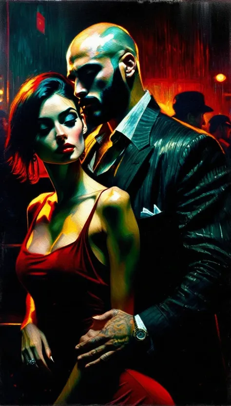 a young thin bald man with a black beard, mafia style,a sexy girl leans on his shoulder, in a club, oil painting, highly detailed, cinematic lighting, dramatic chiaroscuro, gritty and grungy atmosphere, rich colors, moody, Bill Sienkiewicz inspired art, 
