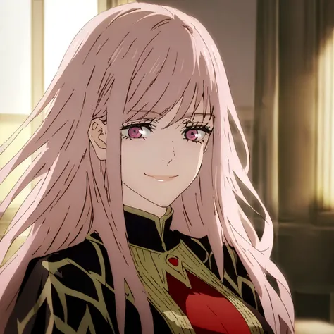 make me a femalea18 years old, brown long hair, pink eyes, shes smiling softly, big breasts, revealin jujutsu sorcerer outfit