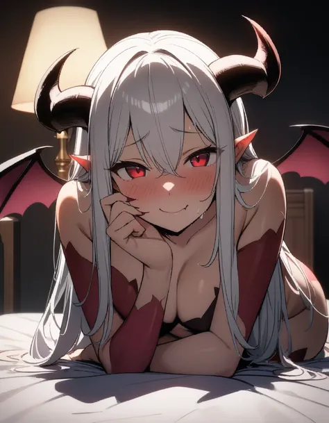 (masterpiece), best quality, (warm color:1.2), (warm lighting:1.2), full body, expressive eyes, beautiful elegant face, drunk expression, ((Succubus:1.6)), horns, white hair, red eyes,1 girl, looking at viewer, in bedroom, (((warm skin tone))), blushing, (...